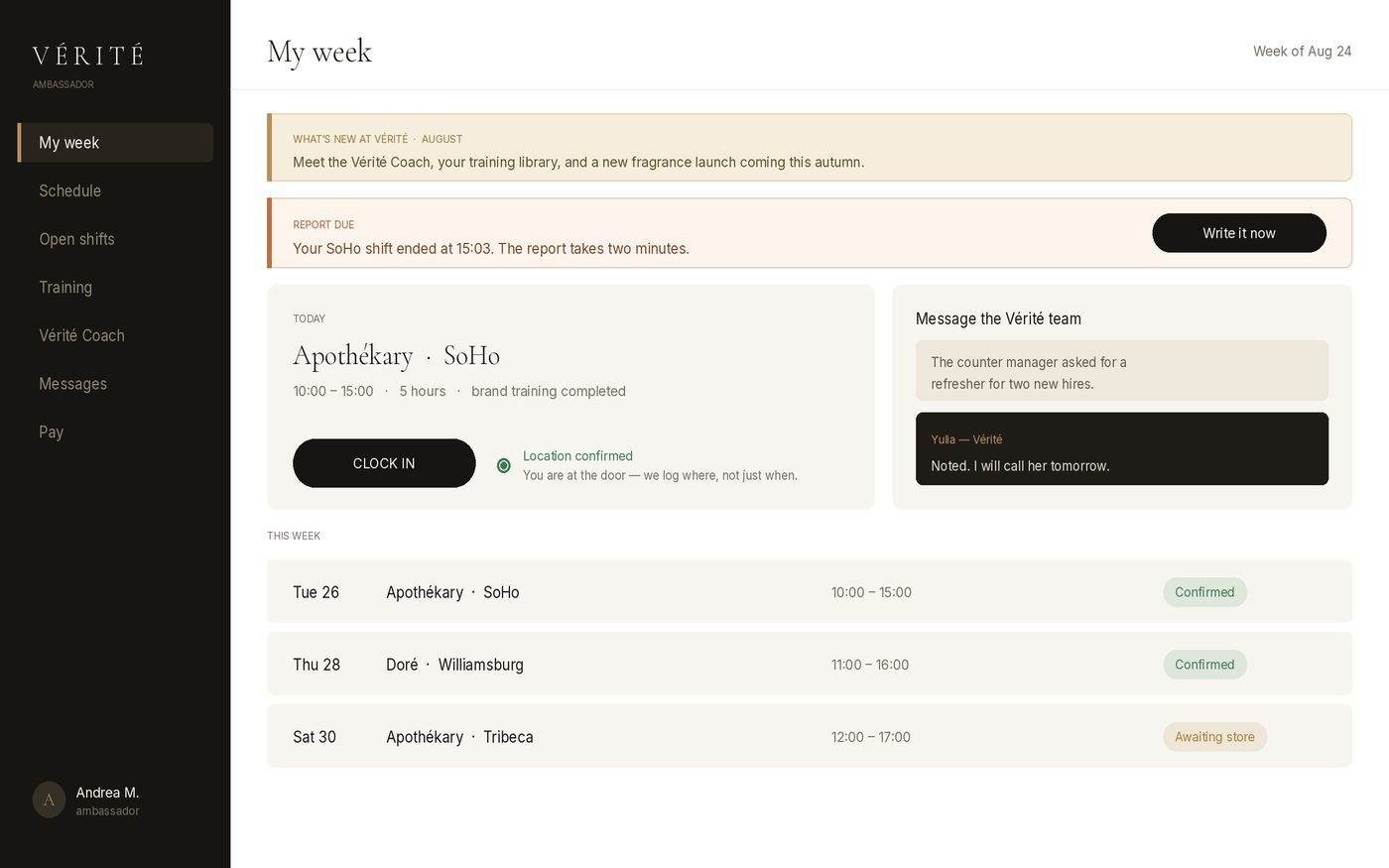 Vérité ambassador portal — Her week