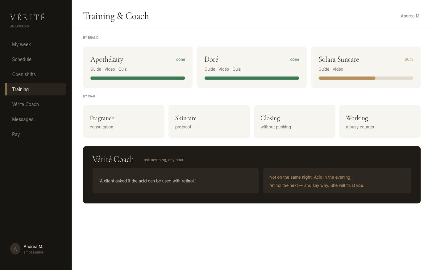 Vérité ambassador portal — Training & Coach