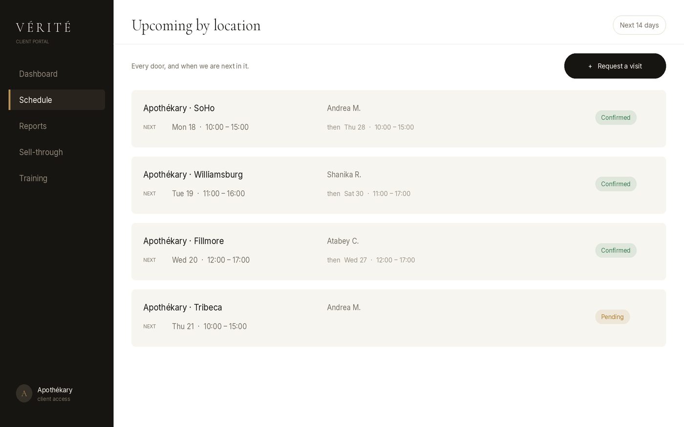 Vérité client portal — Schedule